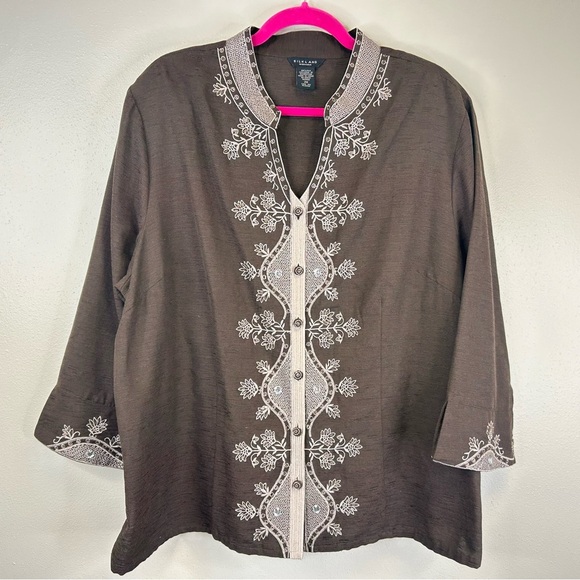 SilkLand 100% Silk 2X Brown Cream Tunic Embroidery Beading Boho Natural Elegant - Picture 3 of 13